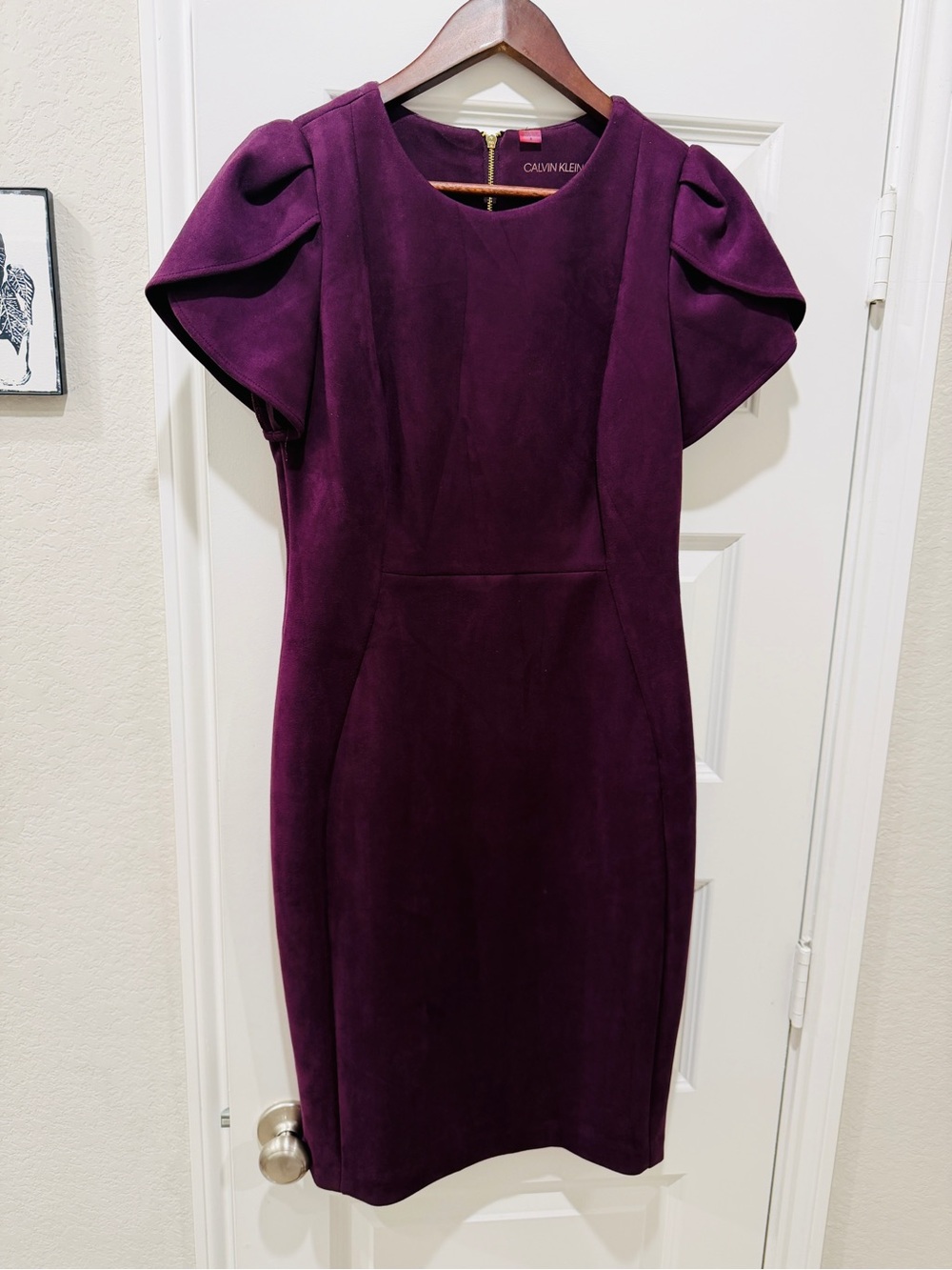 Calvin Klein Deep Plum Sheath Dress with Sculpted Puff Sleeves